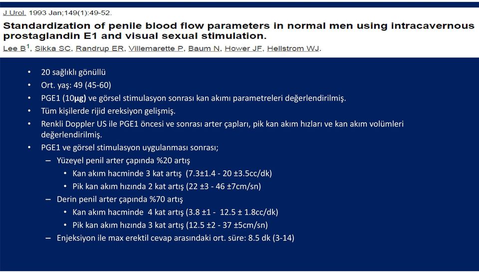 PGE1 ve görsel stimulasyon uygulanması sonrası; Yüzeyel penil arter çapında %20 artış Kan akım hacminde 3 kat artış (7.3±1.4 20 ±3.