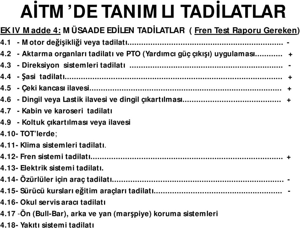 .. + 4.7 -Kabin ve karoseri tadilatı 4.9 -Koltuk çıkartılması veya ilavesi 4.10-TOT lerde; 4.11-Klima sistemleri tadilatı. 4.12-Fren sistemitadilatı... + 4.13-Elektrik sistemi tadilatı. 4.14-Özürlüler için araç tadilatı.