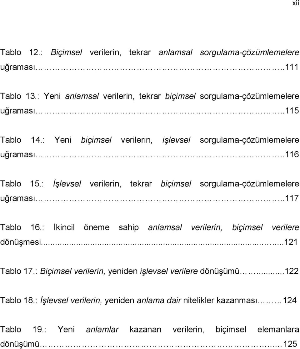 .116 Tablo 15.: İşlevsel verilerin, tekrar biçimsel sorgulama-çözümlemelere uğraması..117 Tablo 16.