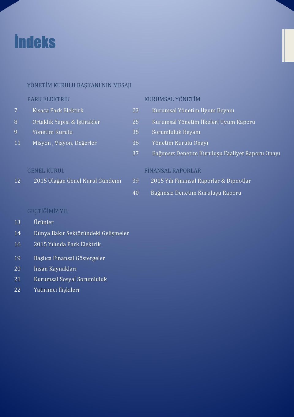 Faaliyet Raporu Onayı GENEL KURUL 12 2015 Olağan Genel Kurul Gündemi FİNANSAL RAPORLAR 39 2015 Yılı Finansal Raporlar & Dipnotlar 40 Bağımsız Denetim Kuruluşu Raporu GEÇTİĞİMİZ YIL