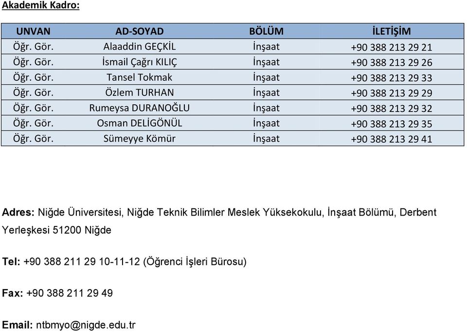 Gör. Sümeyye Kömür İnşaat +90 388 213 29 41 Adres: Niğde Üniversitesi, Niğde Teknik Bilimler Meslek Yüksekokulu, İnşaat Bölümü, Derbent Yerleşkesi 51200