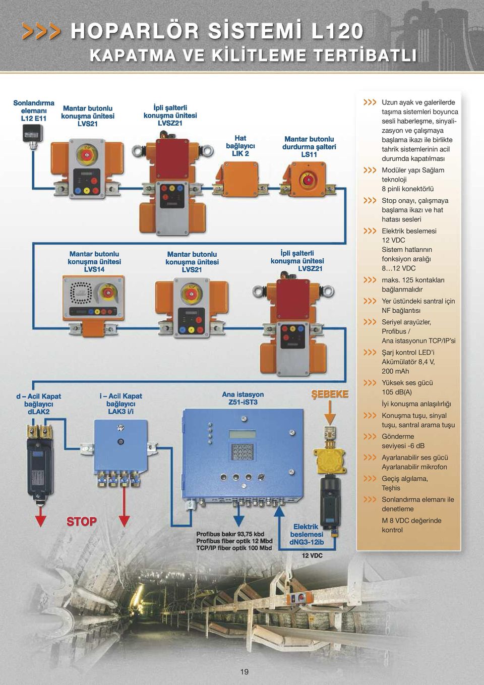 125 kontakları bağlanmalıdır >>> Yer üstündeki santral için NF bağlantısı >>> Seriyel arayüzler, Profibus / Ana istasyonun TCP/IP si >>> Şarj kontrol LED i Akümülatör 8,4 V, 200 mah >>> Yüksek ses