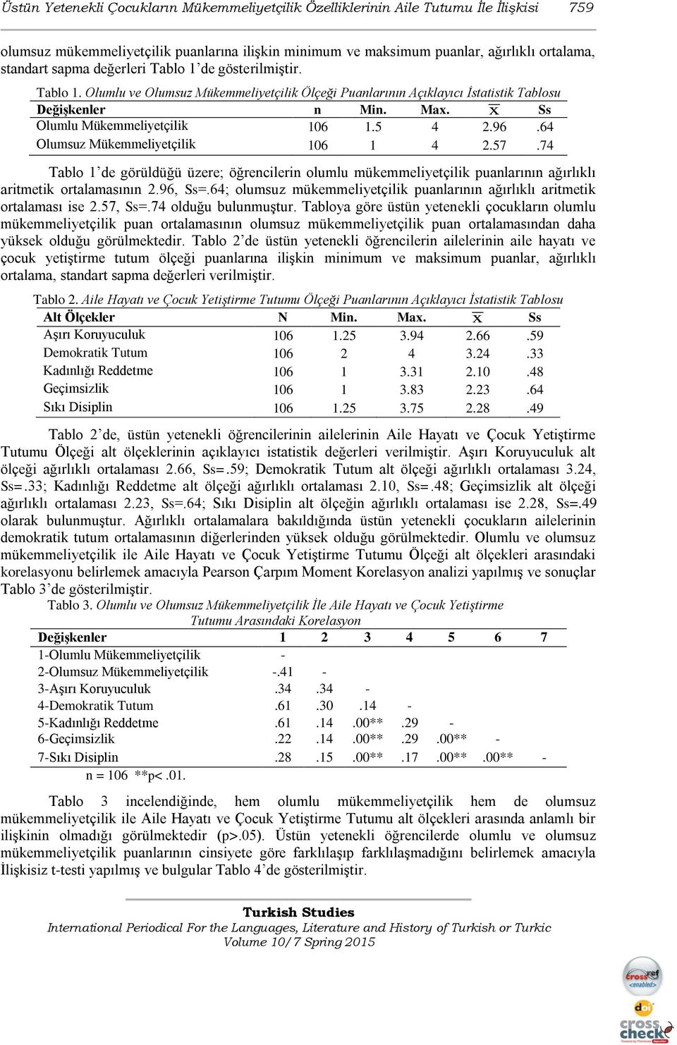 64 Olumsuz Mükemmeliyetçilik 106 1 4 2.57.74 Tablo 1 de görüldüğü üzere; öğrencilerin olumlu mükemmeliyetçilik puanlarının ağırlıklı aritmetik ortalamasının 2.96, Ss=.