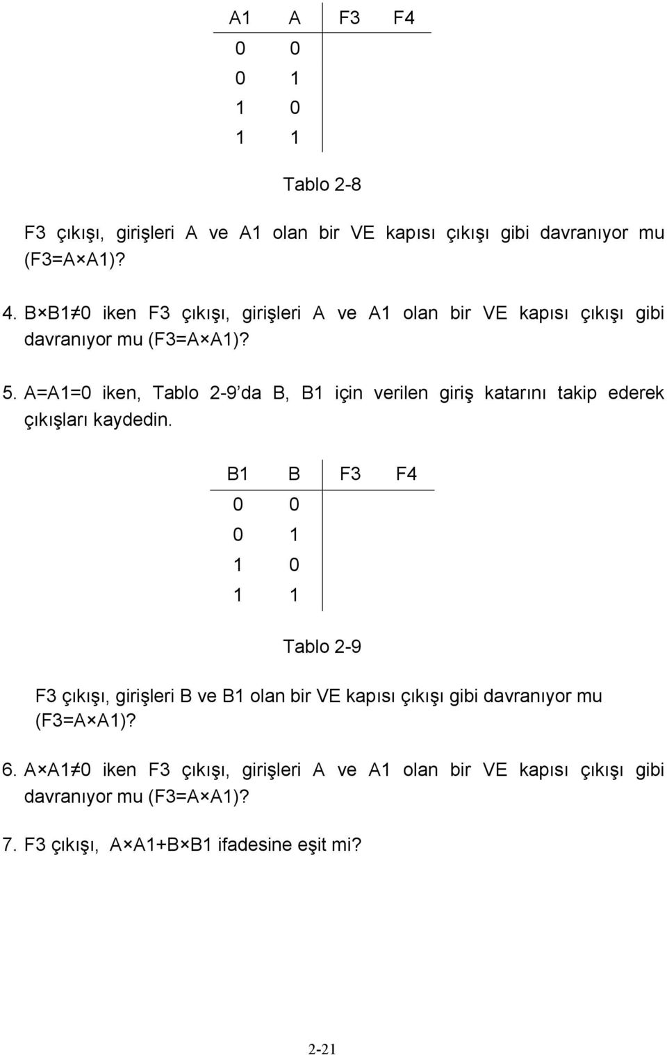 A=A1=0 iken, Tablo 2-9 da B, B1 için verilen giriş katarını takip ederek çıkışları kaydedin.