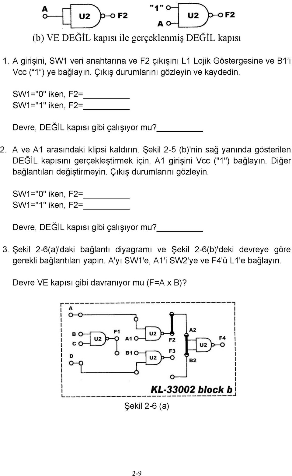 Şekil 2-5 (b)'nin sağ yanında gösterilen DEĞİL kapısını gerçekleştirmek için, A1 girişini Vcc ("1") bağlayın. Diğer bağlantıları değiştirmeyin. Çıkış durumlarını gözleyin.