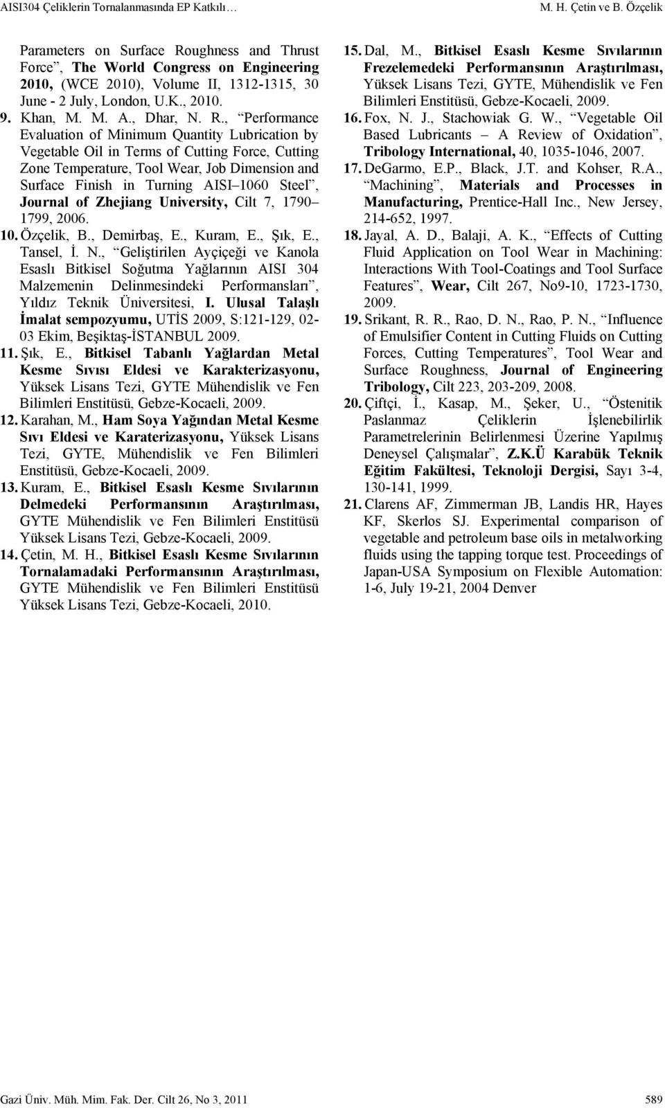 ughness and Thrust Force, The World Congress on Engineering 2010, (WCE 2010), Volume II, 1312-1315, 30 June - 2 July, London, U.K., 2010. 9. Khan, M. M. A., Dhar, N. R.