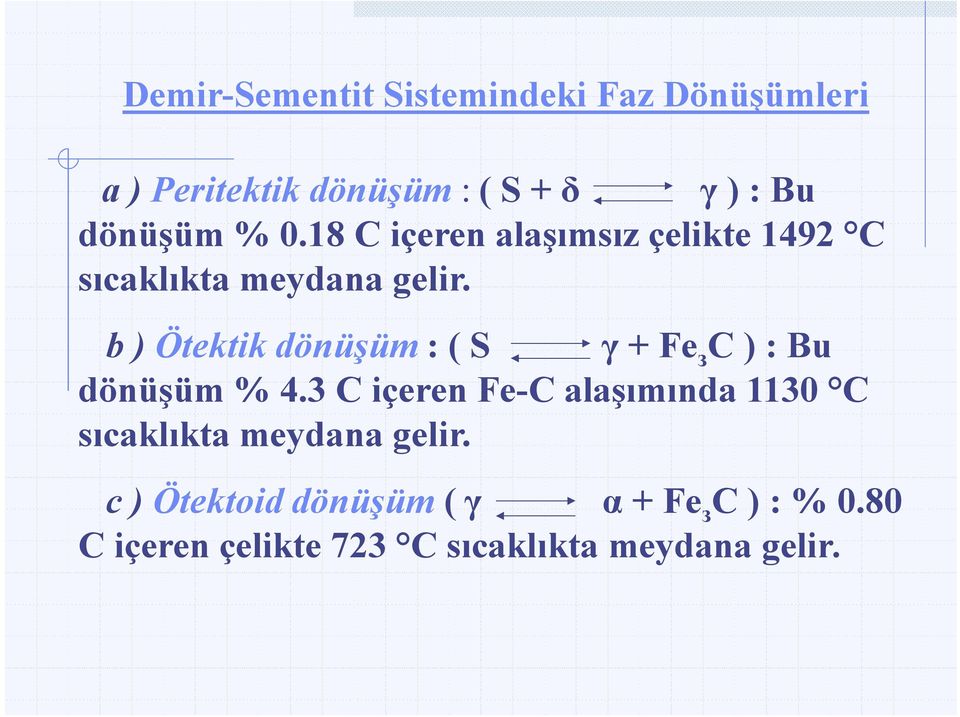 b ) Ötektik dönüşüm : ( S γ + Fe з C ) : Bu dönüşüm % 4.