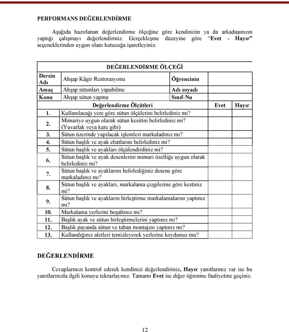 DEĞERLENDİRME ÖLÇEĞİ Dersin Adı Ahşap Kâgir Restorasyonu Öğrencinin Amaç Ahşap sütunları yapabilme Adı soyadı Konu Ahşap sütun yapma Sınıf-Nu Değerlendirme Ölçütleri Evet Hayır 1.