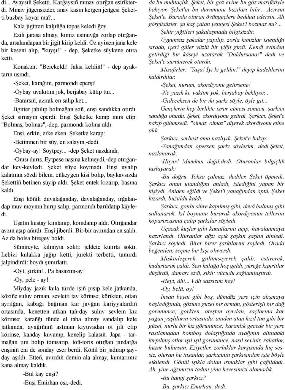 Jaksý keldiñ!" - dep ayaktarýn usýndý. -Þeket, karaðým, parmondý eperþi! -Oybay uvakýtým jok, berjabay kütip tur... -Bararsýñ, azýrak en salýp ket... Jigitter jabýlýp bolmaðan soñ, enþi sandýkka otýrdý.