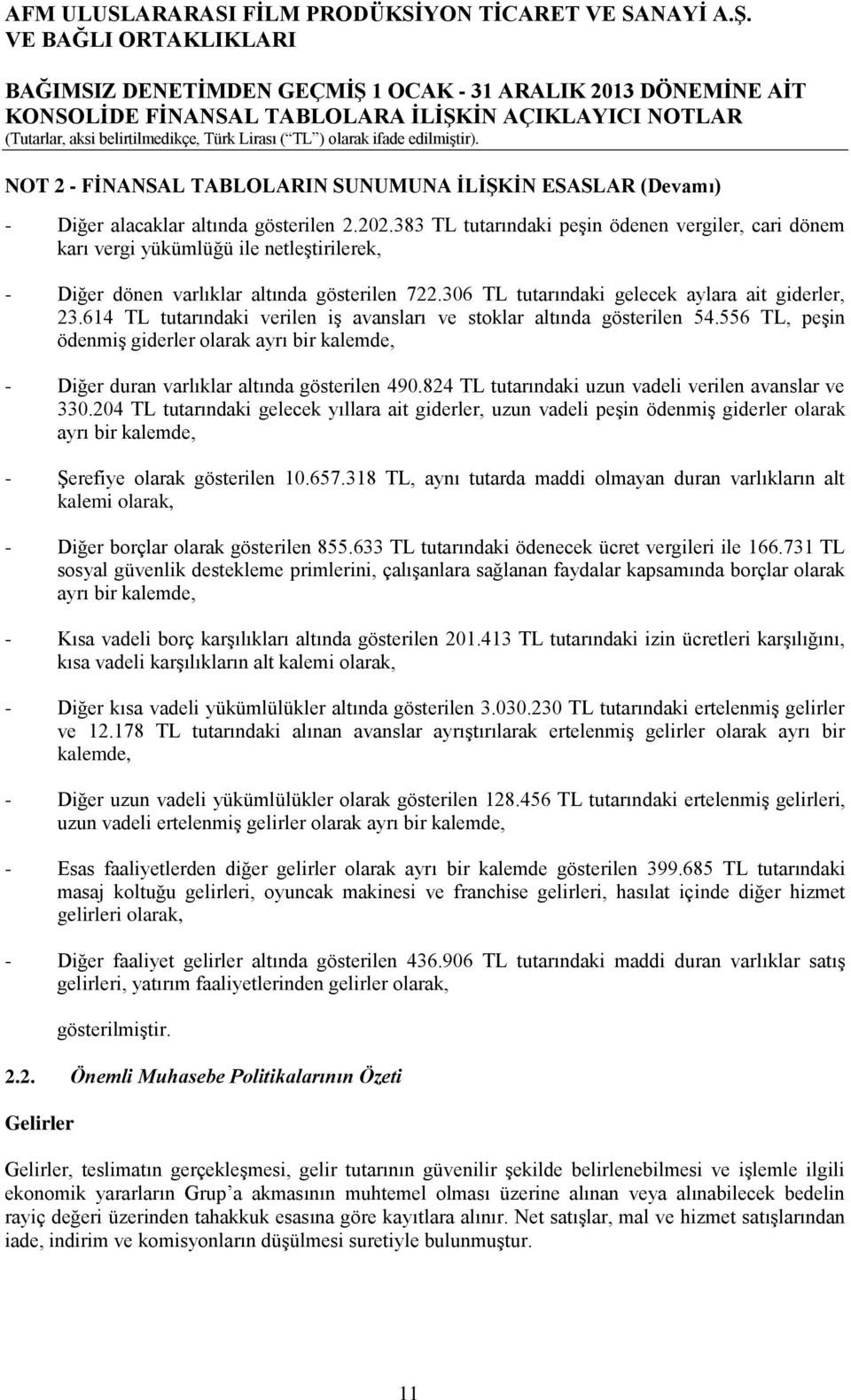 614 TL tutarındaki verilen iş avansları ve stoklar altında gösterilen 54.556 TL, peşin ödenmiş giderler olarak ayrı bir kalemde, - Diğer duran varlıklar altında gösterilen 490.