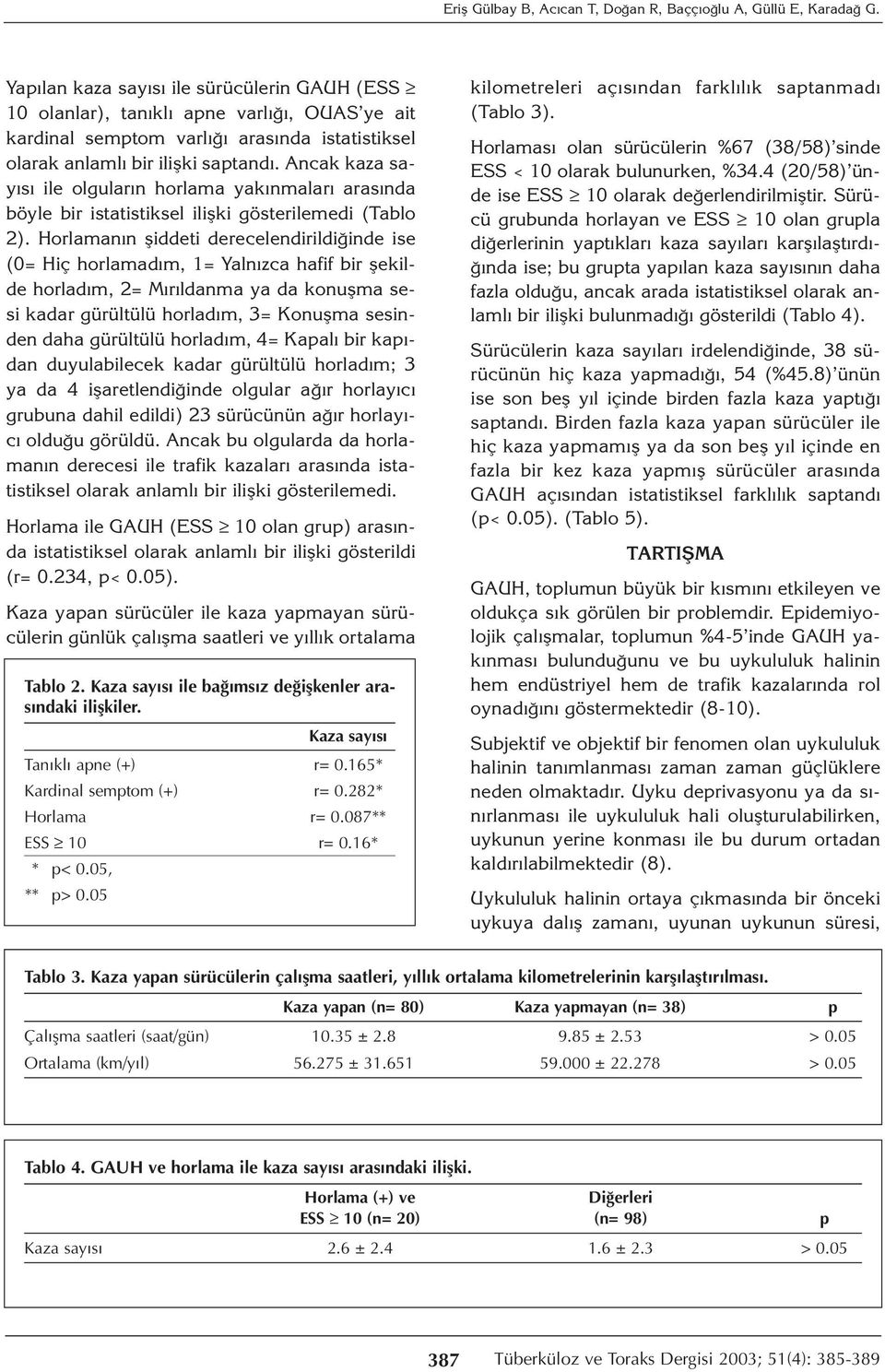 Ancak kaza sayısı ile olguların horlama yakınmaları arasında böyle bir istatistiksel ilişki gösterilemedi (Tablo 2).