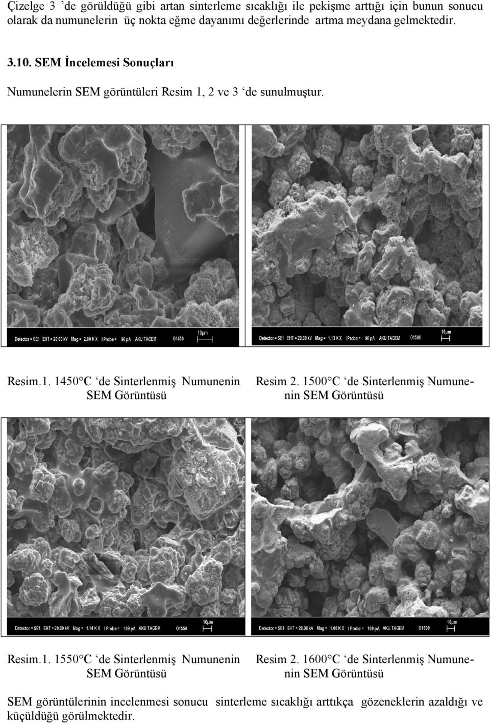 1500 C de Sinterlenmiş Numunenin SEM Görüntüsü Resim.1. 1550 C de Sinterlenmiş Numunenin SEM Görüntüsü Resim 2.