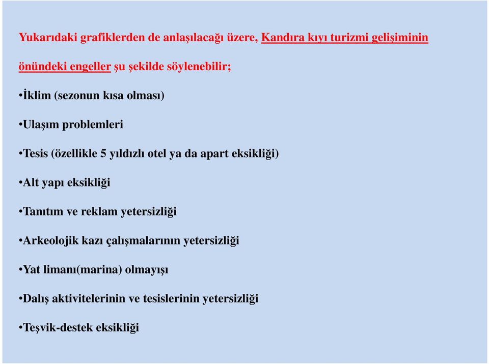 da apart eksikliği) Alt yapı eksikliği Tanıtım ve reklam yetersizliği Arkeolojik kazı çalışmalarının