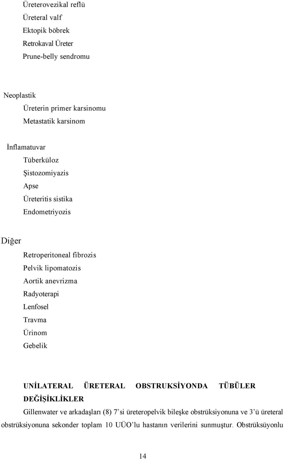 Aortik anevrizma Radyoterapi Lenfosel Travma Ürinom Gebelik UNİLATERAL ÜRETERAL OBSTRUKSİYONDA TÜBÜLER DEĞİŞİKLİKLER Gillenwater ve