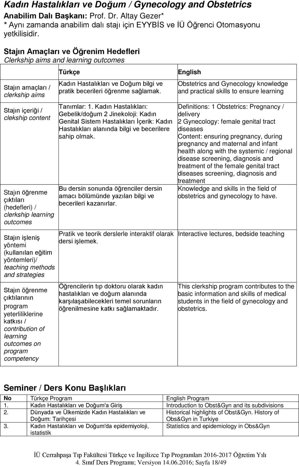 outcomes Stajın işleniş yöntemi (kullanılan eğitim yöntemleri)/ teaching methods and strategies Stajın öğrenme çıktılarının program yeterliliklerine katkısı / contribution of learning outcomes on