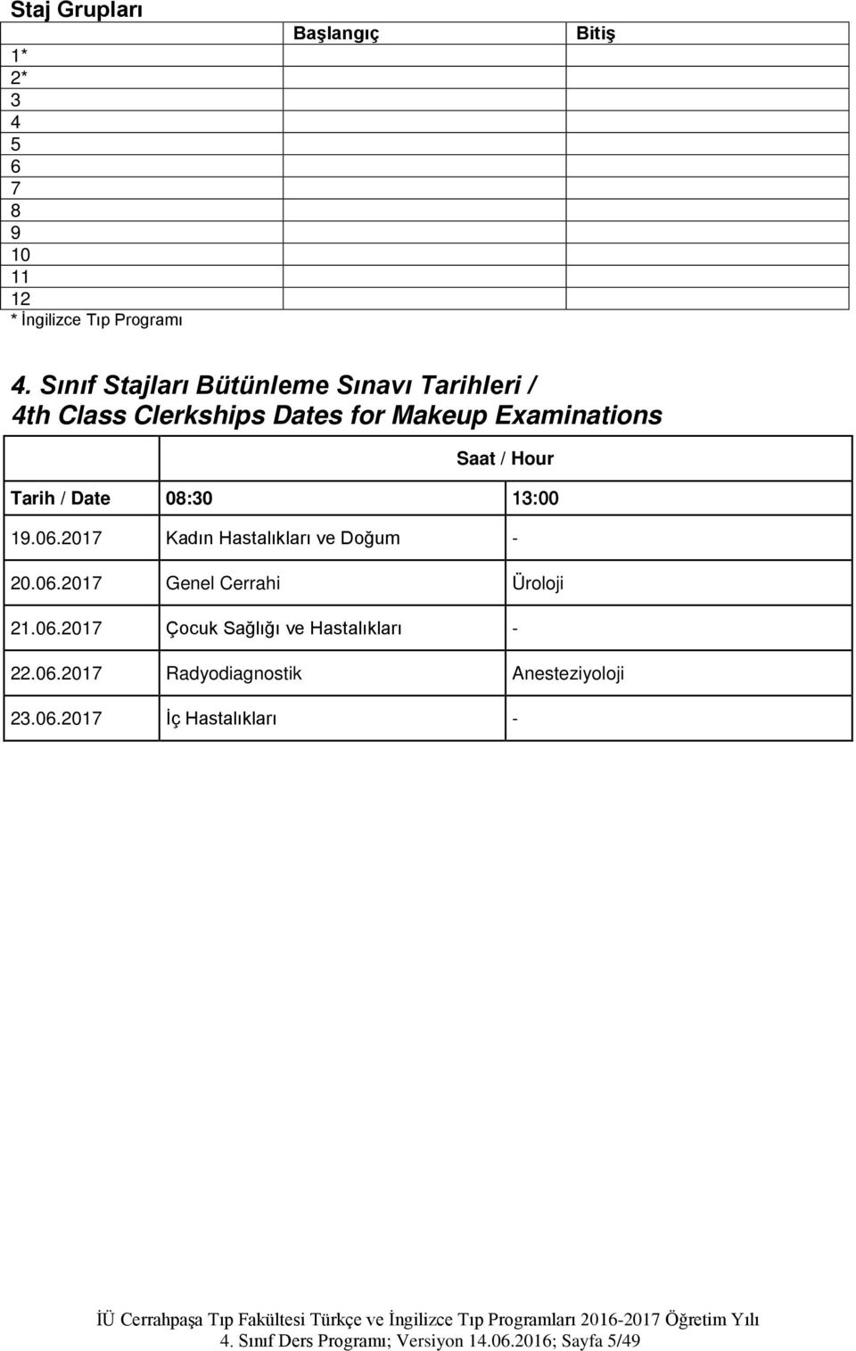 Date 08:30 13:00 19.06.2017 Kadın Hastalıkları ve Doğum - 20.06.2017 Genel Cerrahi Üroloji 21.06.2017 Çocuk Sağlığı ve Hastalıkları - 22.