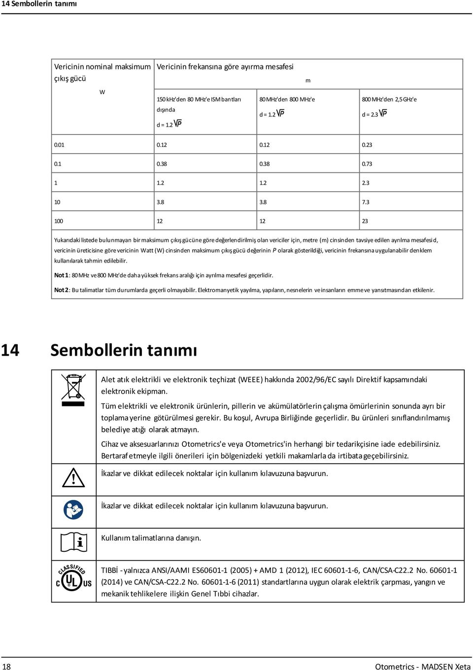 3 100 12 12 23 Yukarıdakilistede bulunmayan birmaksimum çıkışgücüne göredeğerlendirilmiş olan vericiler için, metre (m) cinsinden tavsiye edilen ayrılma mesafesid, vericinin üreticisine görevericinin