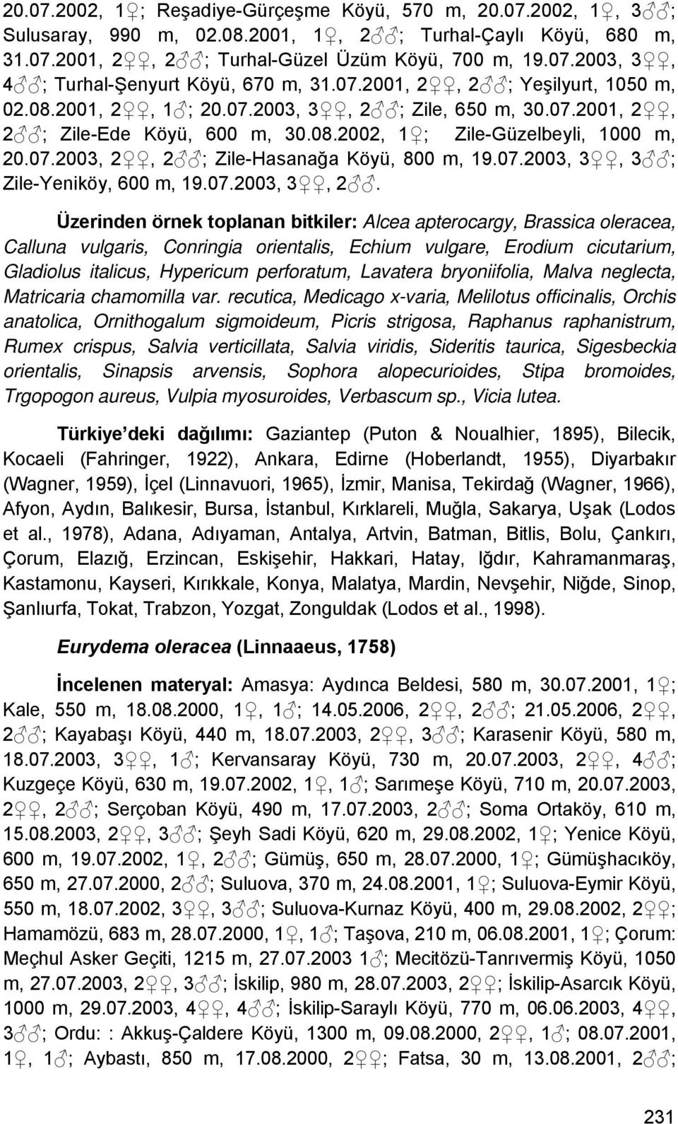 07.2003, 3, 3 ; Zile-Yeniköy, 600 m, 19.07.2003, 3, 2.