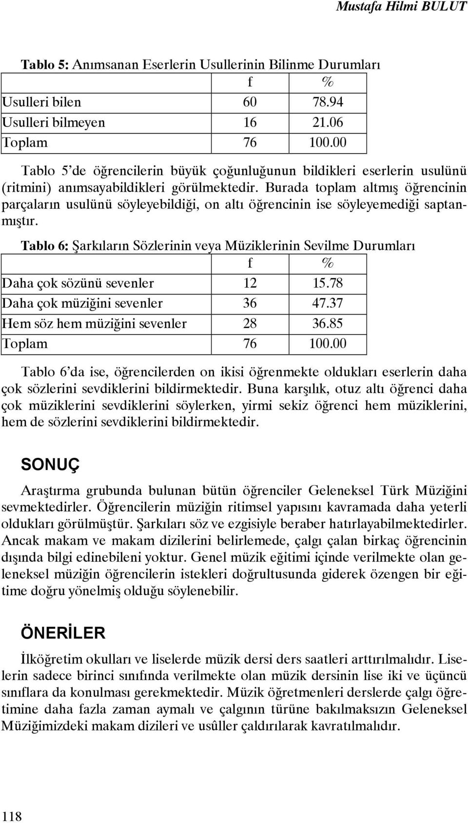 Burada toplam altmış öğrencinin parçaların usulünü söyleyebildiği, on altı öğrencinin ise söyleyemediği saptanmıştır.