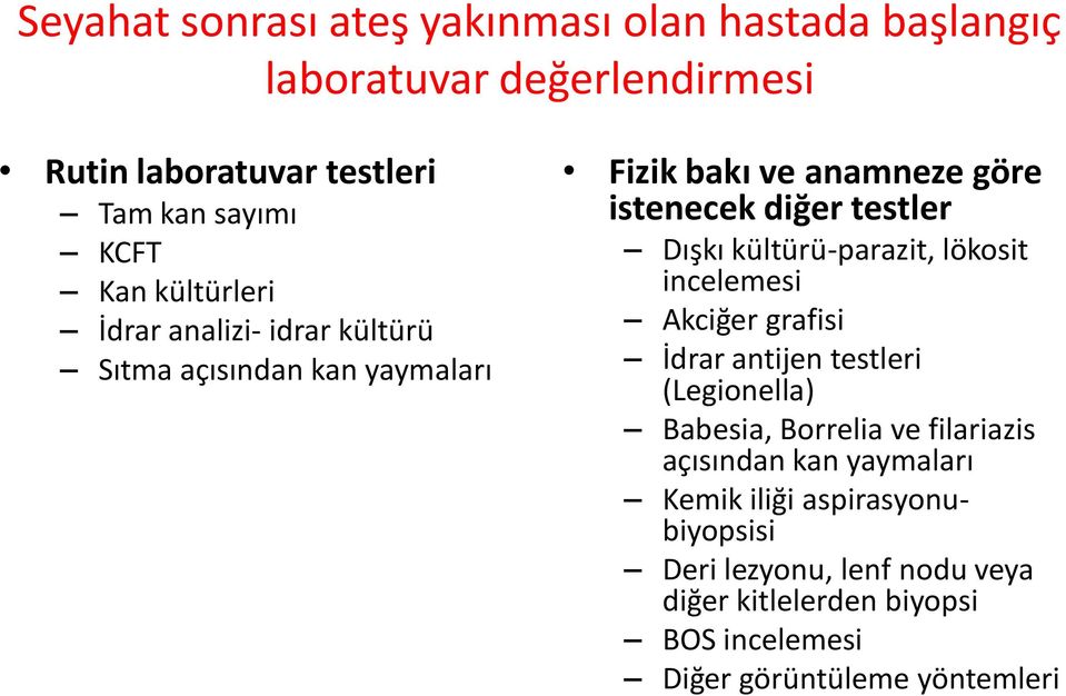 kültürü-parazit, lökosit incelemesi Akciğer grafisi İdrar antijen testleri (Legionella) Babesia, Borrelia ve filariazis açısından kan