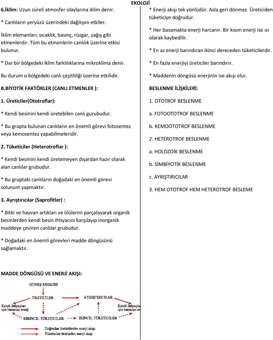 Üreticiler(Ototroflar): * Kendi besinini kendi üretebilen canlı gurubudur. EKOLOJİ * Enerji akışı tek yönlüdür. Asla geri dönmez. Üreticiden tüketiciye doğrudur. * Her basamakta enerji harcanır.