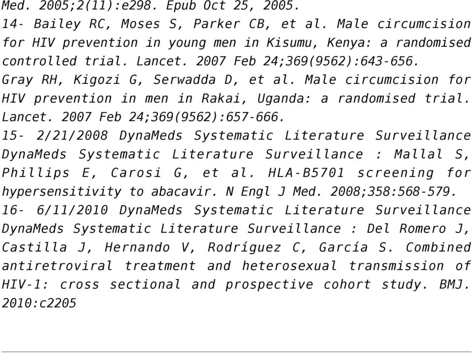 15-2/21/2008 DynaMeds Systematic Literature Surveillance DynaMeds Systematic Literature Surveillance : Mallal S, Phillips E, Carosi G, et al. HLA-B5701 screening for hypersensitivity to abacavir.