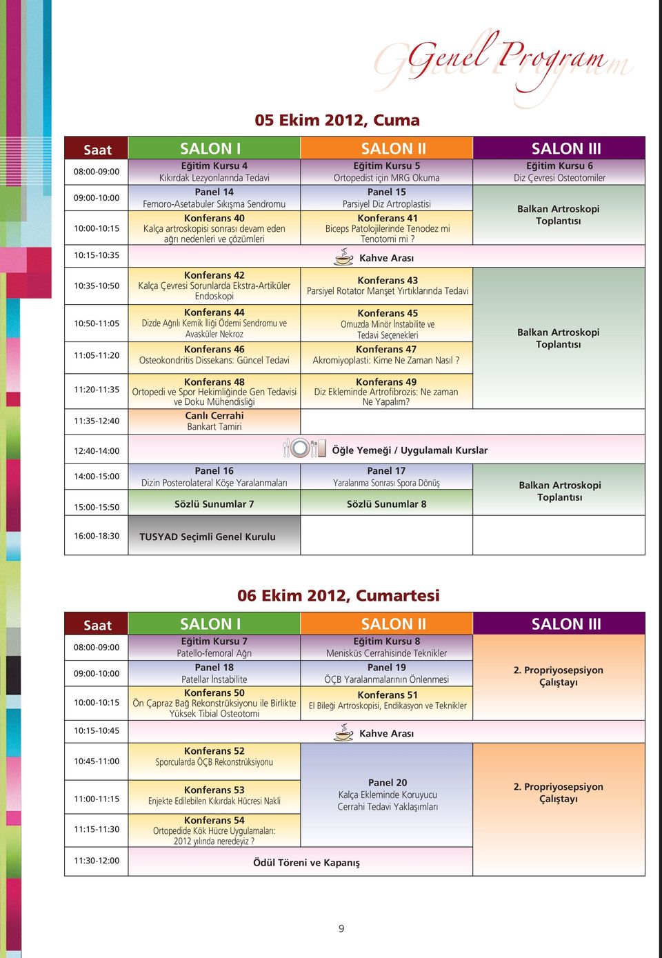 Femoro-Asetabuler S k flma Sendromu Konferans 40 Kalça artroskopisi sonras devam eden a r nedenleri ve çözümleri E itim Kursu 5 Ortopedist için MRG Okuma Panel 15 Parsiyel Diz Artroplastisi Konferans