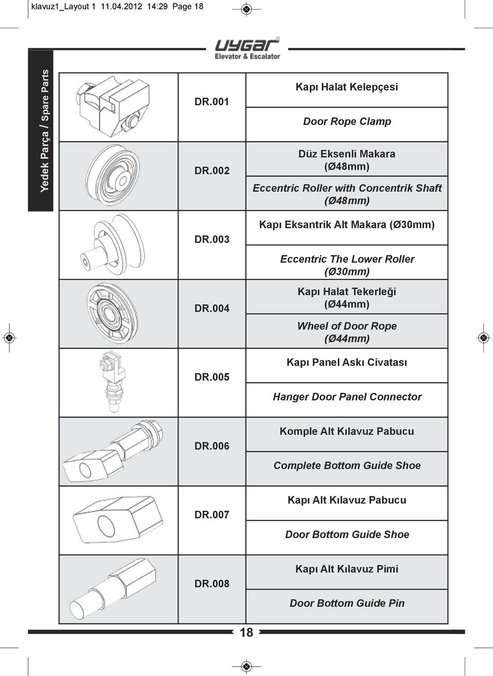 Makara (Ø30mm) Eccentric The Lower Roller (Ø30mm) Kapı Halat Tekerleği (Ø44mm) Wheel of Door Rope (Ø44mm) Kapı Panel Askı Civatası Hanger