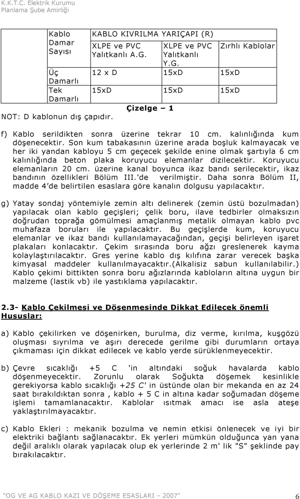 Son kum tabakasının üzerine arada boşluk kalmayacak ve her iki yandan kabloyu 5 cm geçecek şekilde enine olmak şartıyla 6 cm kalınlığında beton plaka koruyucu elemanlar dizilecektir.