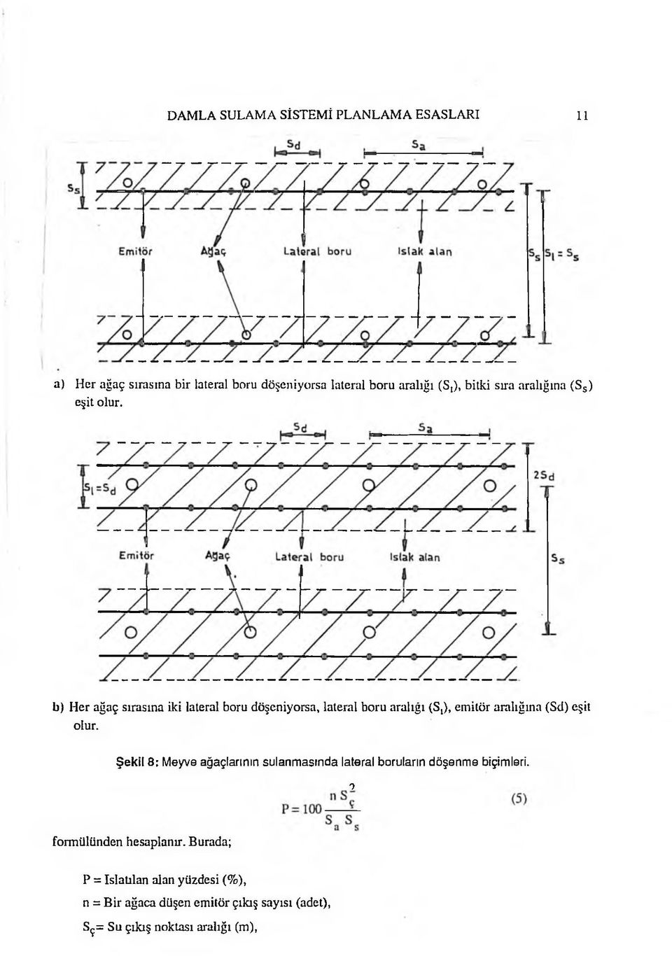 b) Her ağaç sırasına iki lateral boru döşeniyorsa, lateral boru aralığı (Sj), emitör aralığına (Sd) eşit olur.