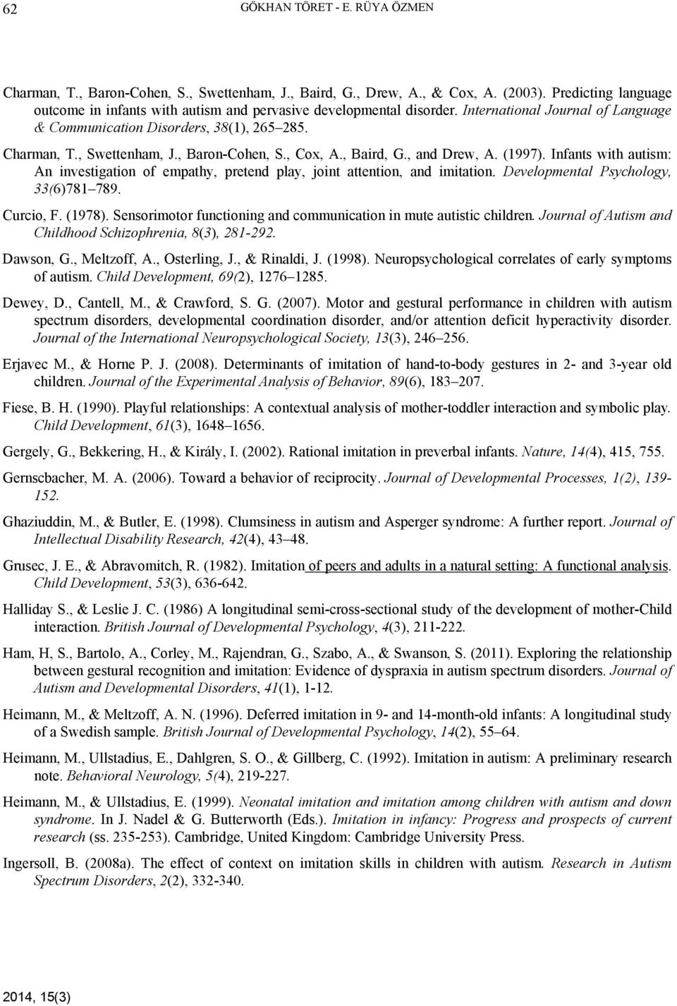 , Baron-Cohen, S., Cox, A., Baird, G., and Drew, A. (1997). Infants with autism: An investigation of empathy, pretend play, joint attention, and imitation. Developmental Psychology, 33(6)781 789.