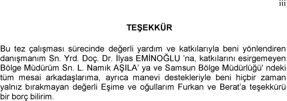 Namık AŞILA ya ve Samsun Bölge Müdürlüğü' ndeki tüm mesai arkadaşlarıma, ayrıca manevi