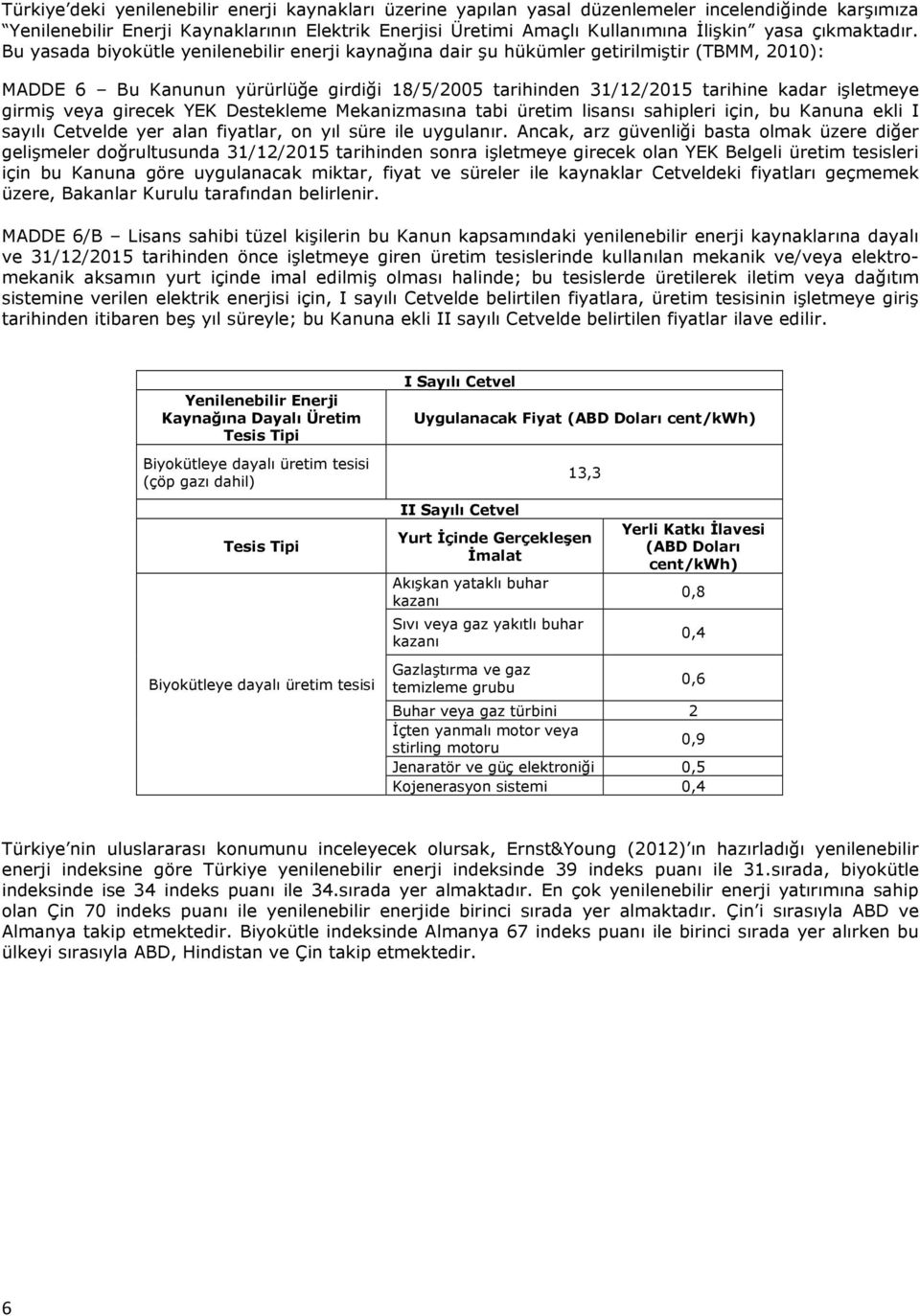 Bu yasada biyokütle yenilenebilir enerji kaynağına dair şu hükümler getirilmiştir (TBMM, 2010): MADDE 6 Bu Kanunun yürürlüğe girdiği 18/5/2005 tarihinden 31/12/2015 tarihine kadar işletmeye girmiş