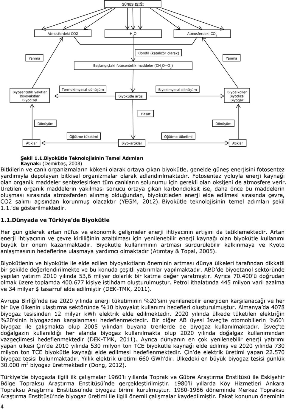 1.Biyokütle Teknolojisinin Temel Adımları Kaynak: (Demirbaş, 2008) Bitkilerin ve canlı organizmaların kökeni olarak ortaya çıkan biyokütle, genelde güneş enerjisini fotosentez yardımıyla depolayan