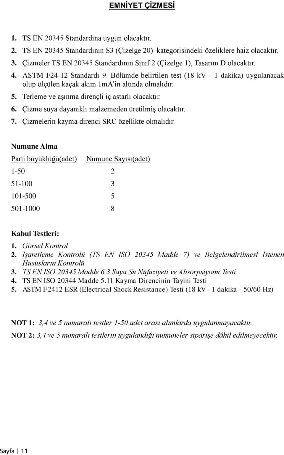 Bölümde belirtilen test (18 kv - 1 dakika) uygulanacak olup ölçülen kaçak akım 1mA in altında olmalıdır. 5. Terleme ve aşınma dirençli iç astarlı olacaktır. 6.