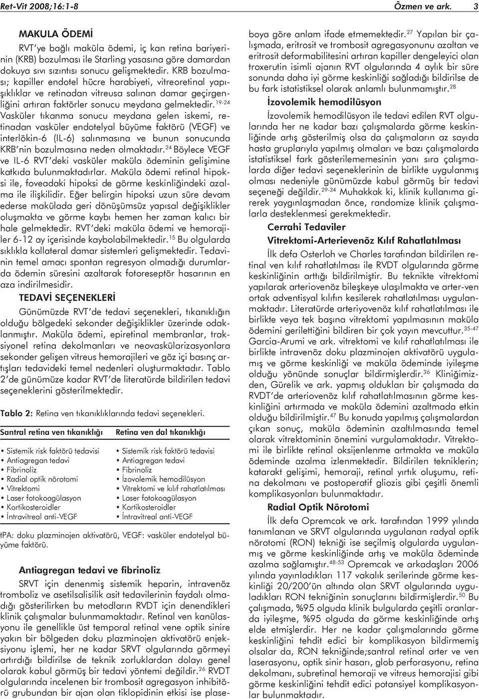 19-24 Vasküler tıkanma sonucu meydana gelen iskemi, retinadan vasküler endotelyal büyüme faktörü (VEGF) ve interlökin-6 (IL-6) salınmasına ve bunun sonucunda KRB nin bozulmasına neden olmaktadır.