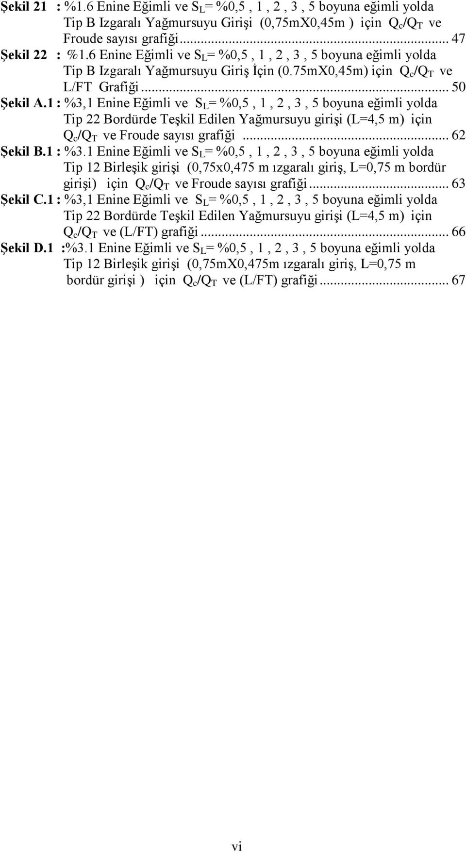 1 : %3,1 Enine Eğimli ve S L = %0,5, 1, 2, 3, 5 boyuna eğimli yolda Tip 22 Bordürde Teşkil Edilen Yağmursuyu girişi (L=4,5 m) için Q c /Q T ve Froude sayısı grafiği... 62 ġekil B.1 : %3.1 Enine Eğimli ve S L = %0,5, 1, 2, 3, 5 boyuna eğimli yolda Tip 12 Birleşik girişi (0,75x0,475 m ızgaralı giriş, L=0,75 m bordür girişi) için Q c /Q T ve Froude sayısı grafiği.