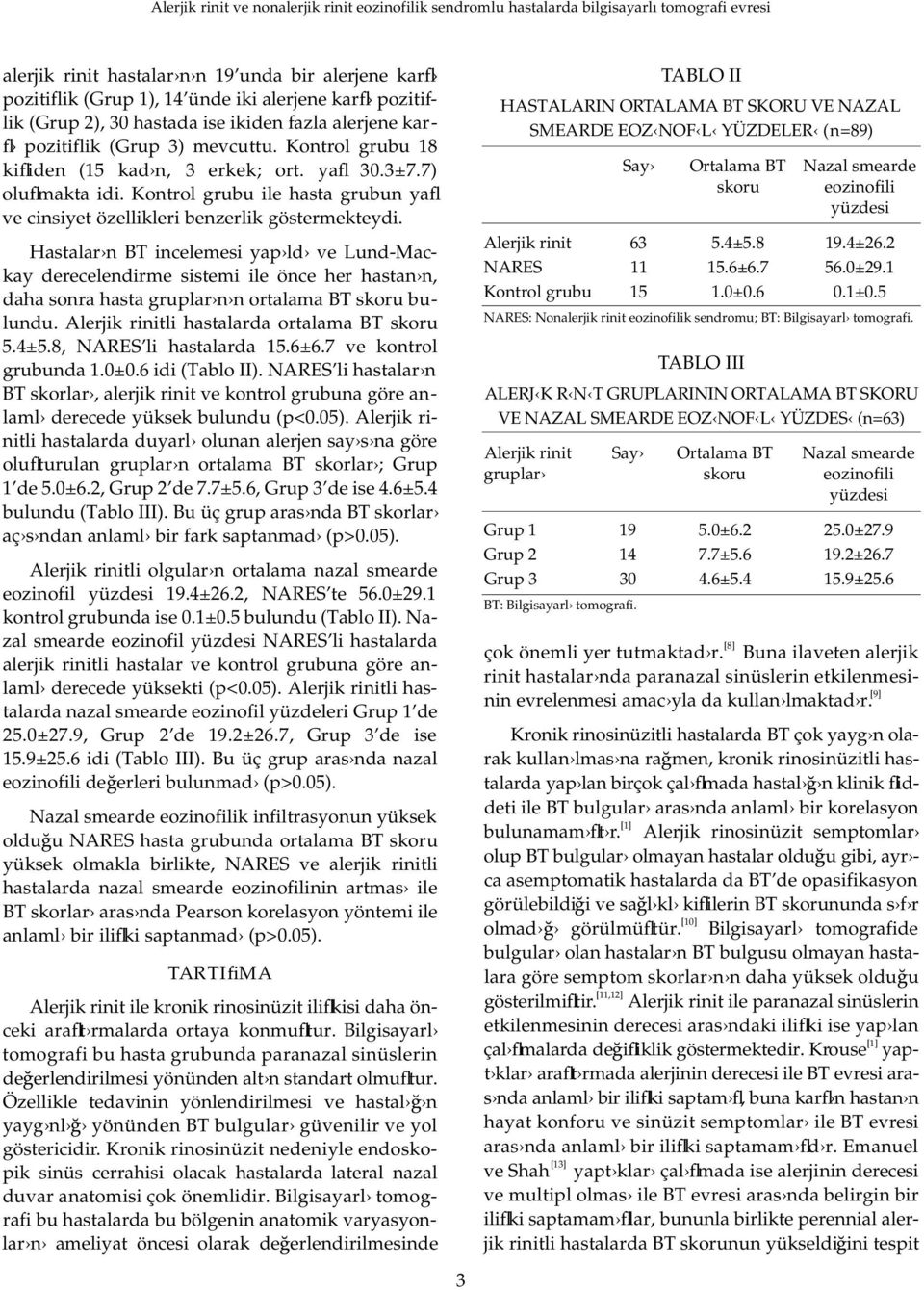 Hastalar n BT incelemesi yap ld ve Lund-Mackay derecelendirme sistemi ile önce her hastan n, daha sonra hasta gruplar n n ortalama BT skoru bulundu. Alerjik rinitli hastalarda ortalama BT skoru 5.4±5.