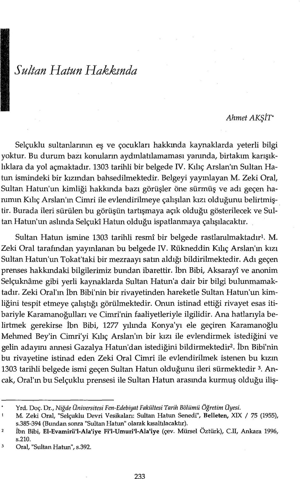 Belgeyi yayınlayan M. Zeki Oral, Sultan Hatun'un kimliği hakkında bazı görüşler öne sürmüş ve adı geçen hanımın Kılıç Arslan'ın Cimri ile evlendirilmeye çalışılan kızı olduğunu belirtmiş-. tir.