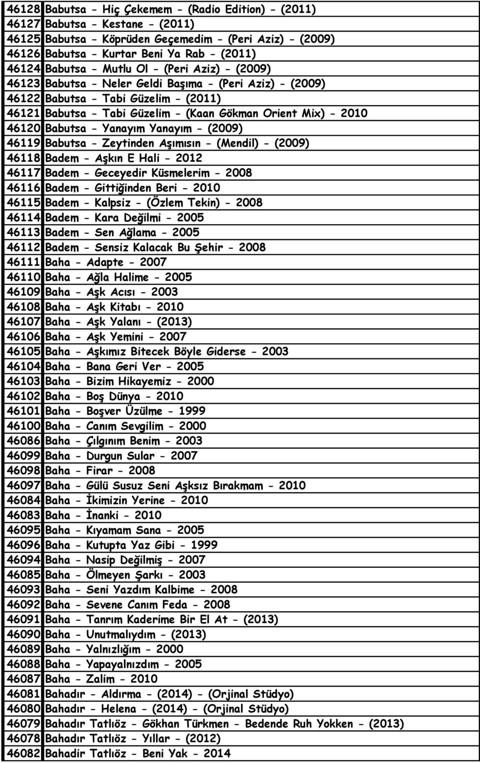 2010 46120 Babutsa - Yanayım Yanayım - (2009) 46119 Babutsa - Zeytinden Aşımısın - (Mendil) - (2009) 46118 Badem - Aşkın E Hali - 2012 46117 Badem - Geceyedir Küsmelerim - 2008 46116 Badem -