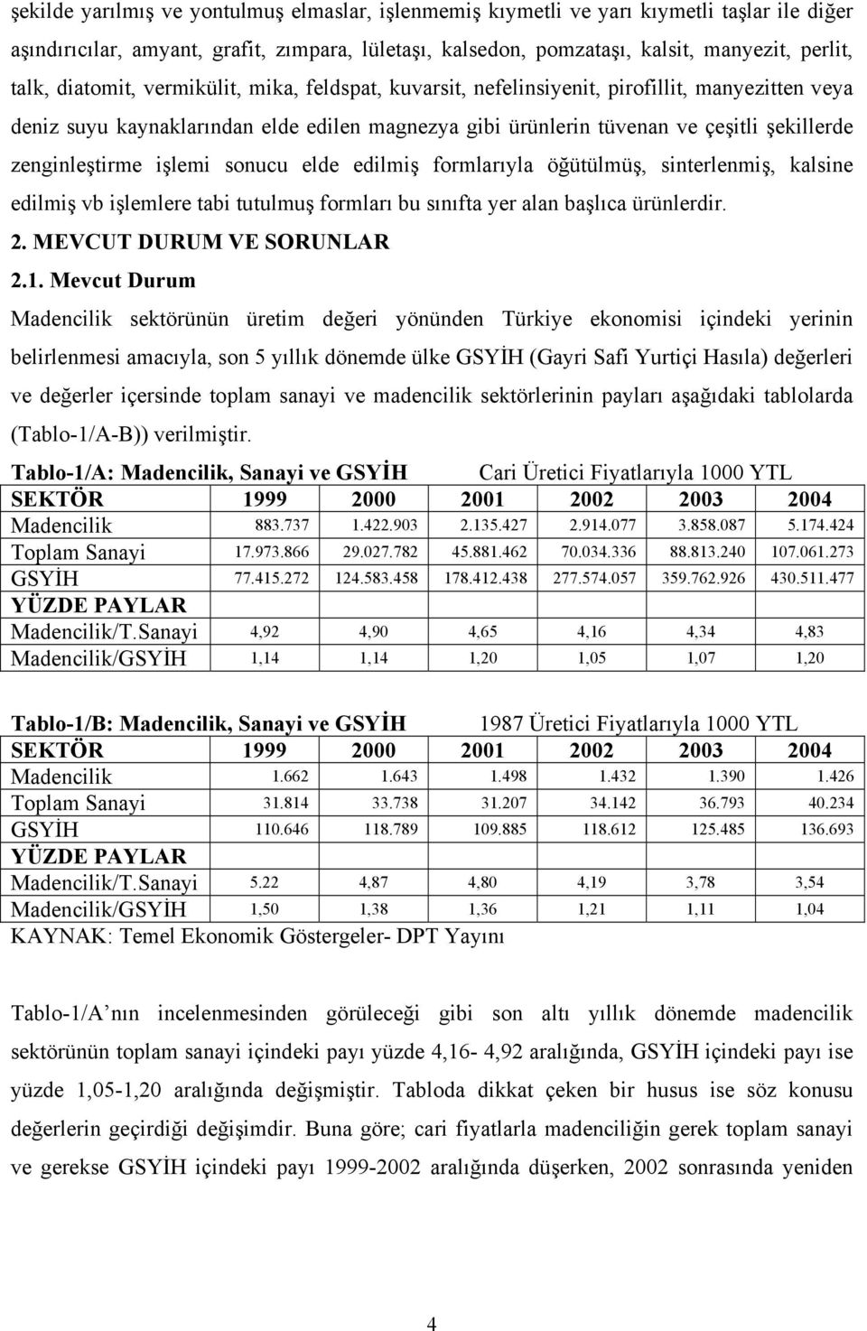 işlemi sonucu elde edilmiş formlarıyla öğütülmüş, sinterlenmiş, kalsine edilmiş vb işlemlere tabi tutulmuş formları bu sınıfta yer alan başlıca ürünlerdir. 2. MEVCUT DURUM VE SORUNLAR 2.1.