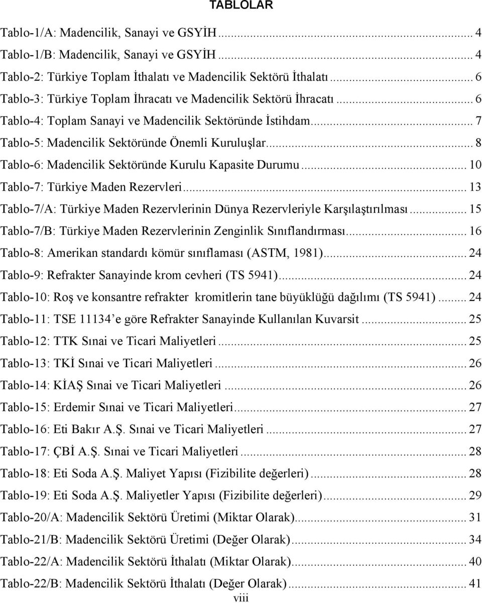 .. 8 Tablo-6: Madencilik Sektöründe Kurulu Kapasite Durumu... 10 Tablo-7: Türkiye Maden Rezervleri... 13 Tablo-7/A: Türkiye Maden Rezervlerinin Dünya Rezervleriyle Karşılaştırılması.