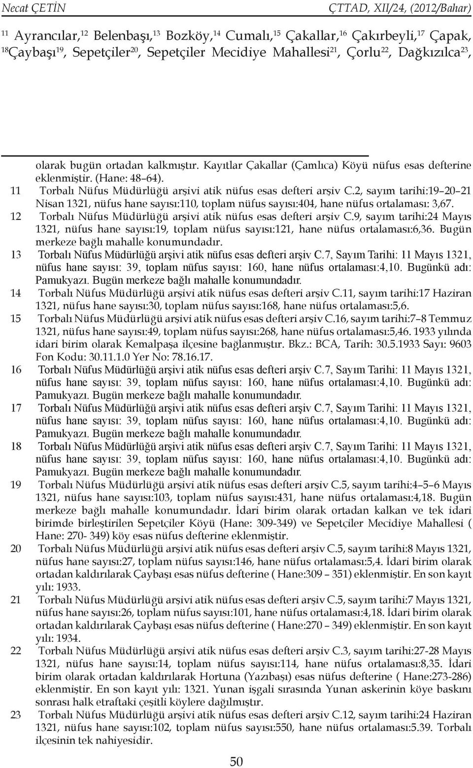 , sayım tarihi:9 0 Nisan 3, nüfus hane sayısı:0, toplam nüfus sayısı:404, hane nüfus ortalaması: 3,67. Torbalı Nüfus Müdürlüğü arşivi atik nüfus esas defteri arşiv C.