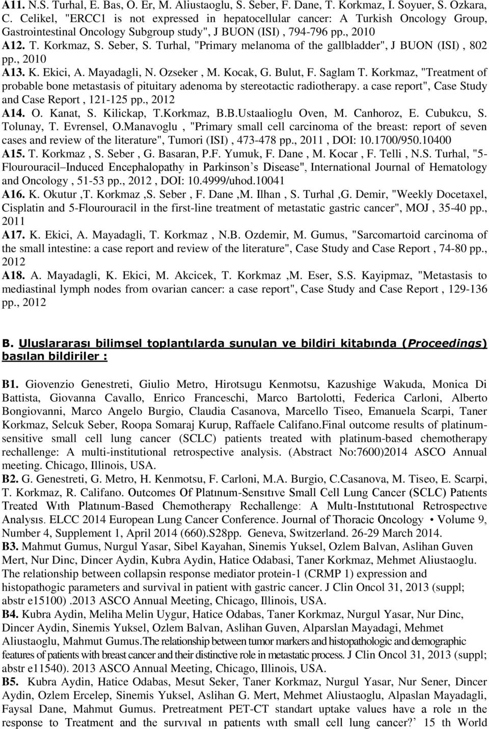 Turhal, "Primary melanoma of the gallbladder", J BUON (ISI), 802 pp., 2010 A13. K. Ekici, A. Mayadagli, N. Ozseker, M. Kocak, G. Bulut, F. Saglam T.