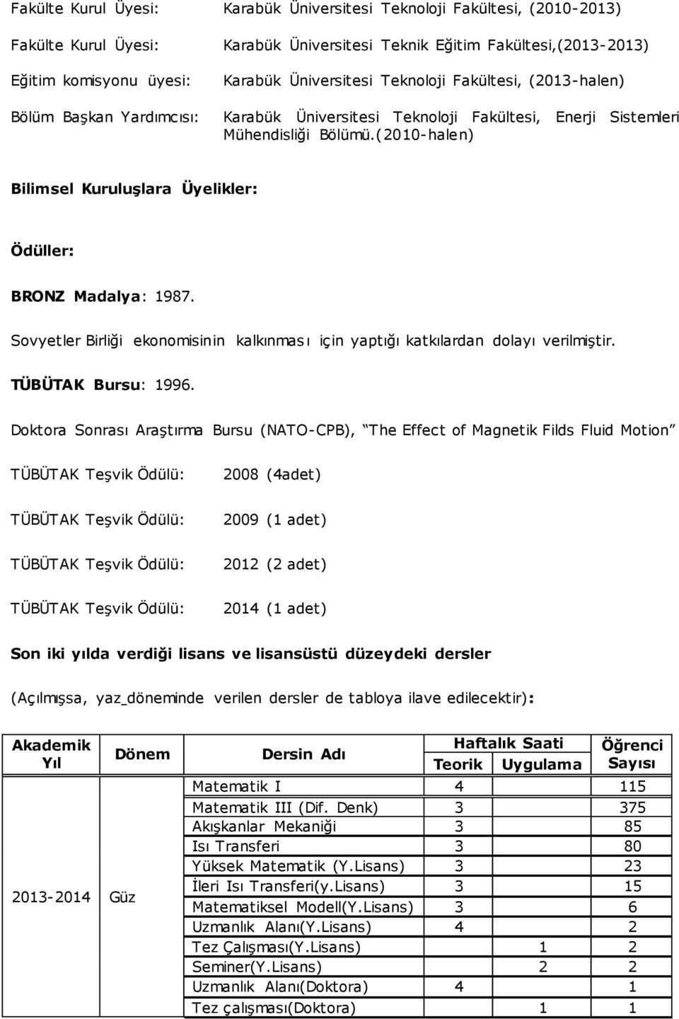 (2010-halen) Bilimsel Kuruluşlara Üyelikler: Ödüller: BRONZ Madalya: 1987. Sovyetler Birliği ekonomisinin kalkınmas ı için yaptığı katkılardan dolayı verilmiştir. TÜBÜTAK Bursu: 1996.