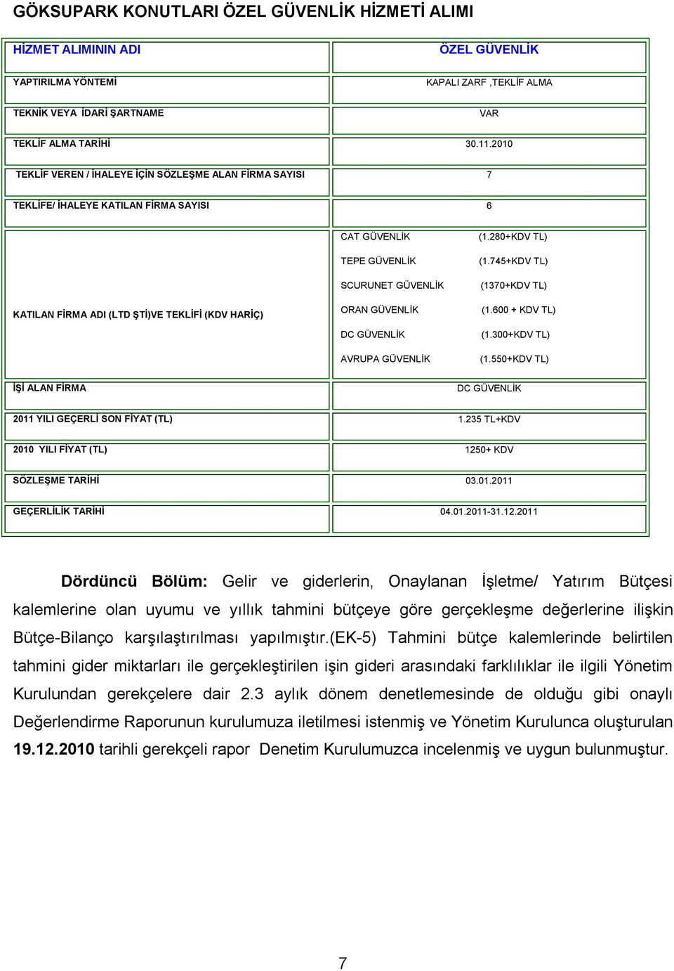 ORAN GÜVENLİK DC GÜVENLİK AVRUPA GÜVENLİK (1.280+KDV TL) (1.745+KDV TL) (1370+KDV TL) (1.600 + KDV TL) (1.300+KDV TL) (1.550+KDV TL) İŞİ ALAN FİRMA DC GÜVENLİK 2011 YILI GEÇERLİ SON FİYAT (TL) 1.