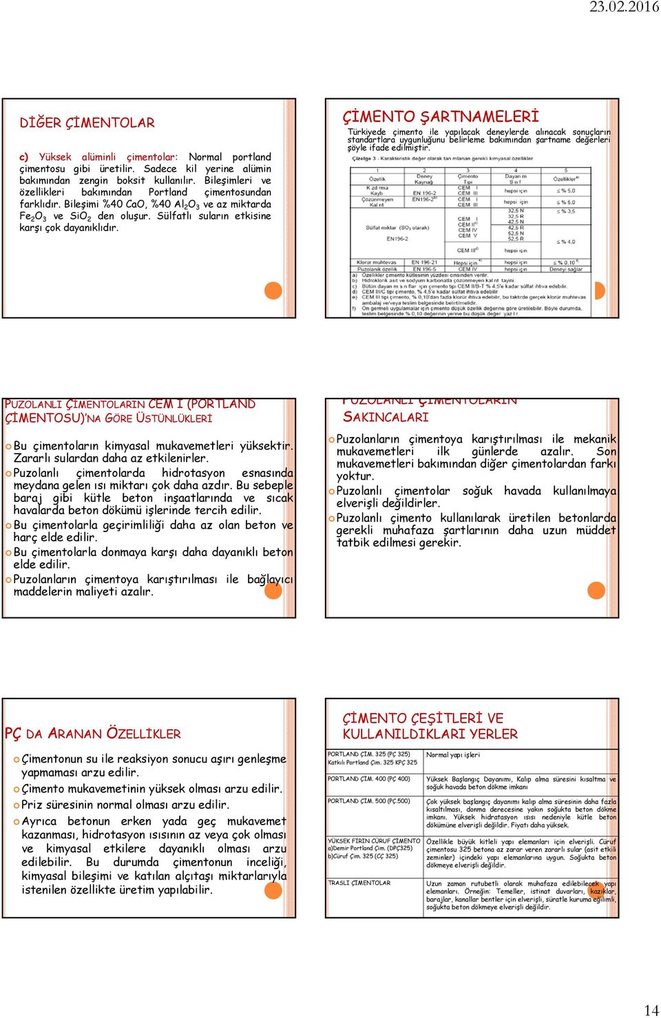 ÇİMENTO ŞARTNAMELERİ Türkiyede çimento ile yapılacak deneylerde alınacak sonuçların standartlara uygunluğunu belirleme bakımından şartname değerleri şöyle ifade edilmiştir.