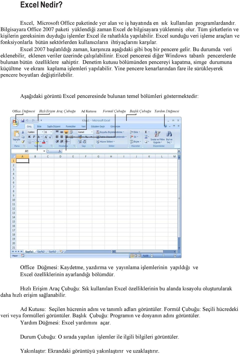Excel sunduğu veri işleme araçları ve fonksiyonlarla bütün sektörlerden kullanıcıların ihtiyaçlarını karşılar. Excel 2007 başlatıldığı zaman, karşınıza aşağıdaki gibi boş bir pencere gelir.