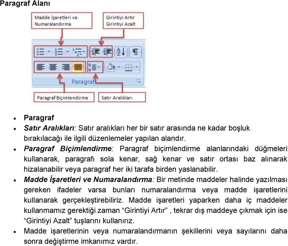 yaslanabilir. Madde İşaretleri ve Numaralandırma: Bir metinde maddeler halinde yazılması gereken ifadeler varsa bunları numaralandırma veya madde işaretlerini kullanarak gerçekleştirebiliriz.