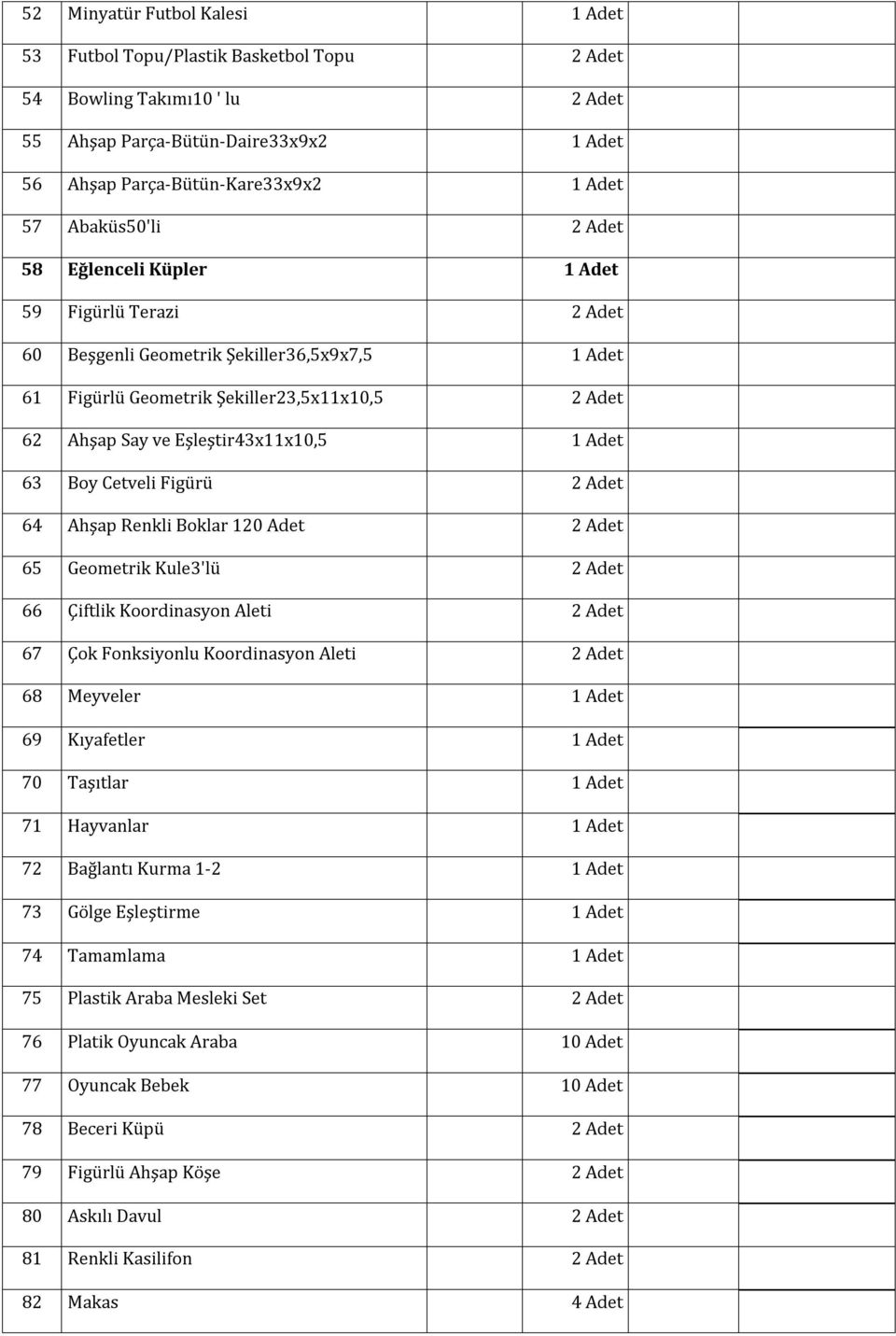 Eşleştir43x11x10,5 1 Adet 63 Boy Cetveli Figürü 2 Adet 64 Ahşap Renkli Boklar 120 Adet 2 Adet 65 Geometrik Kule3'lü 2 Adet 66 Çiftlik Koordinasyon Aleti 2 Adet 67 Çok Fonksiyonlu Koordinasyon Aleti 2